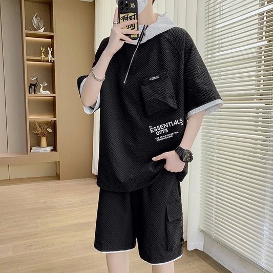 Set coordinato t - shirt con cappuccio e pantaloncini da uomo ATREND