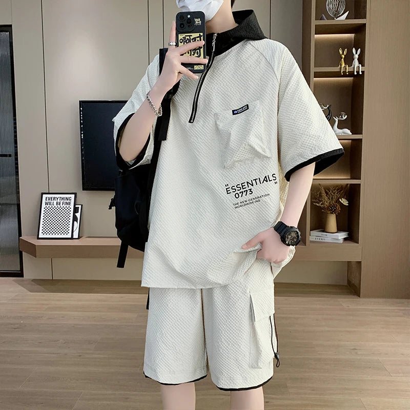 Set coordinato t - shirt con cappuccio e pantaloncini da uomo ATREND