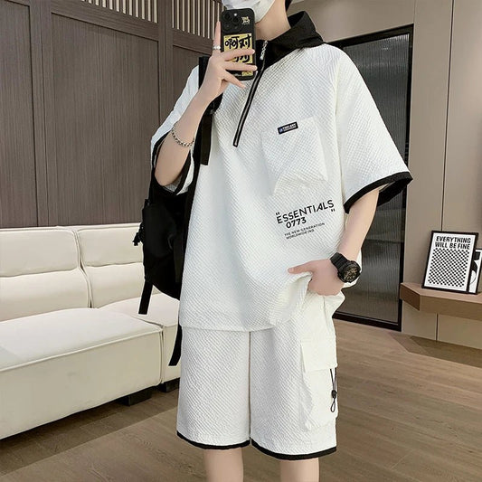 Set coordinato t - shirt con cappuccio e pantaloncini da uomo ATREND