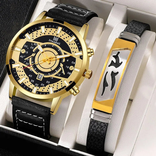 Set orologio in pelle al quarzo e braccialetto da uomo - Idea regalo uomo ATREND