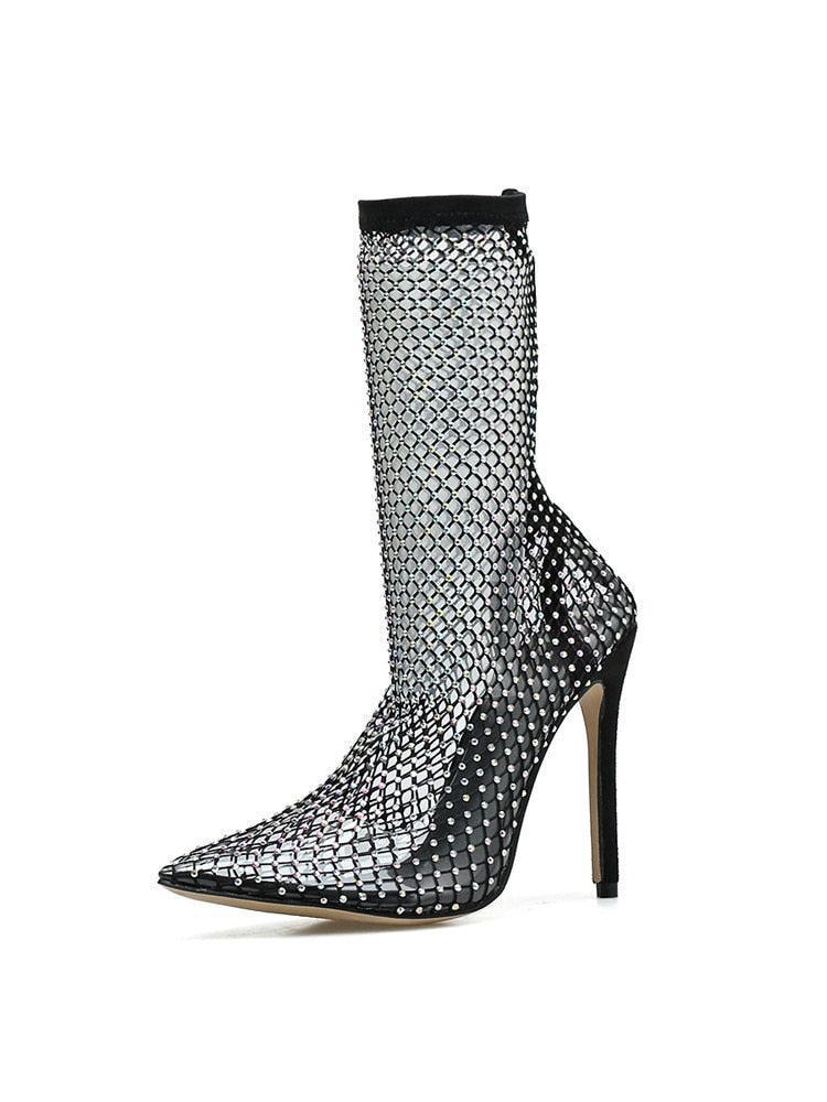 Stivali a rete in tessuto elasticizzato con cristalli da donna - Stivaletti ATREND