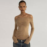 T-shirt in maglia arricciata con spalle scoperte a maniche lunghe - t-shirt ATREND