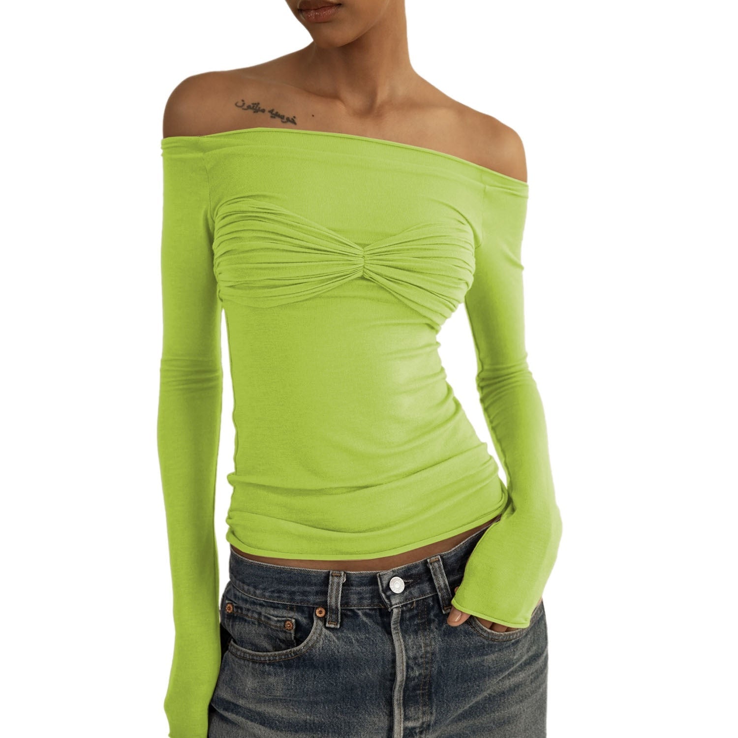 T-shirt in maglia arricciata con spalle scoperte a maniche lunghe - t-shirt ATREND