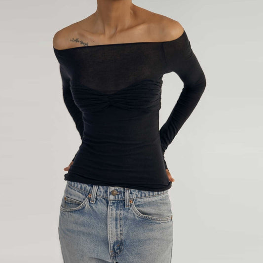 T-shirt in maglia arricciata con spalle scoperte a maniche lunghe - t-shirt ATREND