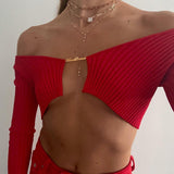 Top corto sexy con catena lavorato a maglia a maniche lunghe - top donna ATREND