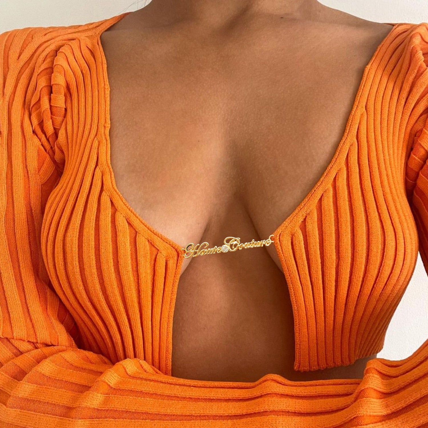 Top corto sexy con catena lavorato a maglia a maniche lunghe - top donna ATREND