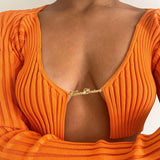 Top corto sexy con catena lavorato a maglia a maniche lunghe - top donna ATREND